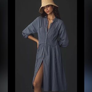 Anthropologie Pilcro Corset Blue Midi Shirt Dress Pleated Bodice XS